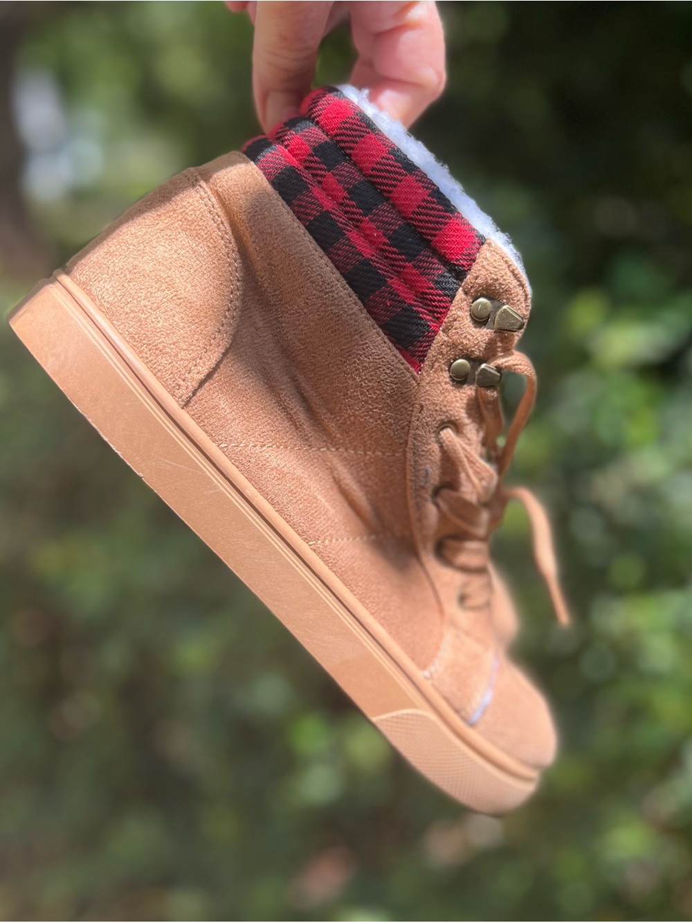 Tan High-Top Winter lace up Sneakers Boots with Red Plaid Collar Faux fur lining